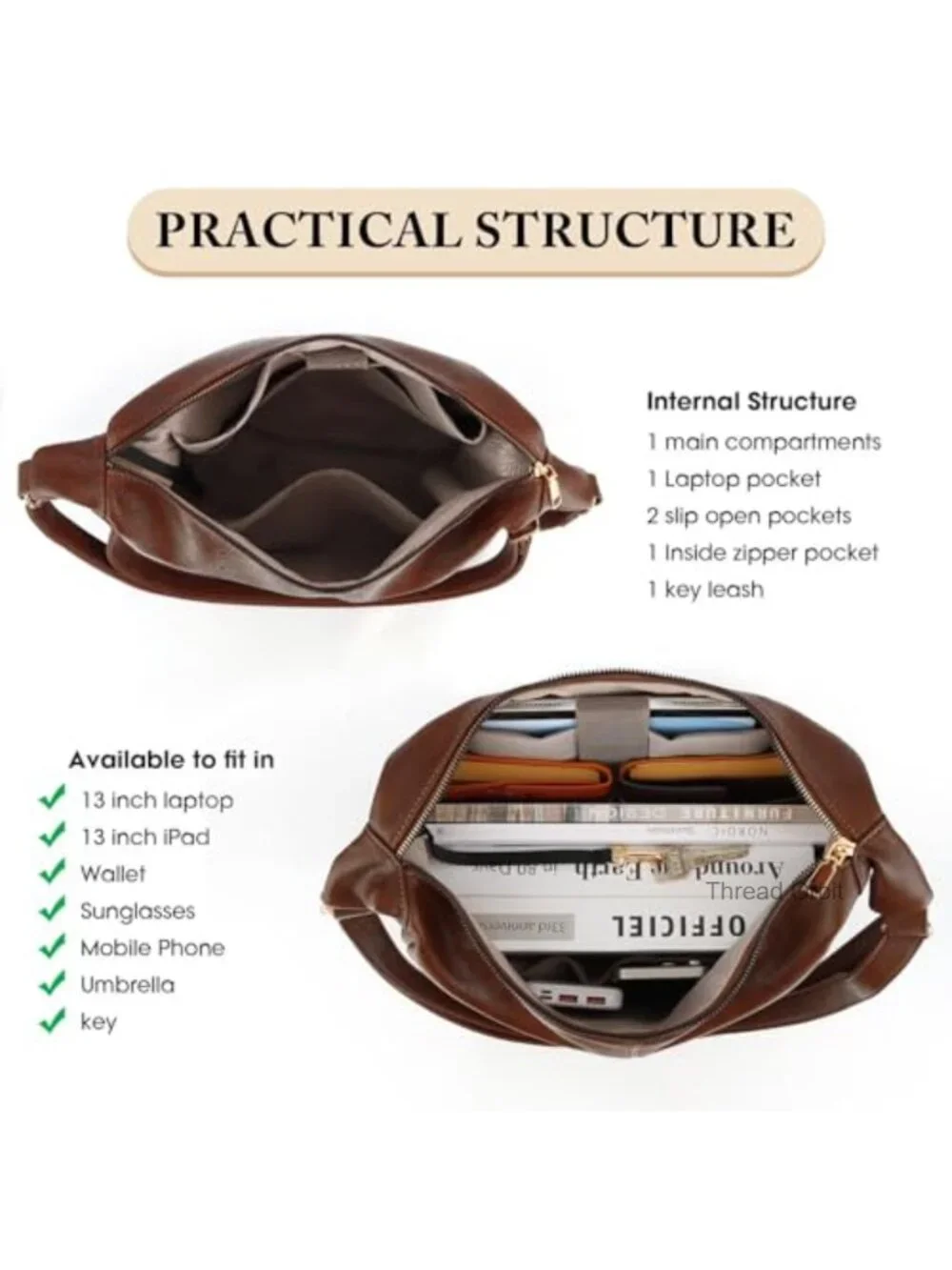 Foldable Leather Slouchy Shoulder Bag Crossbody Purse